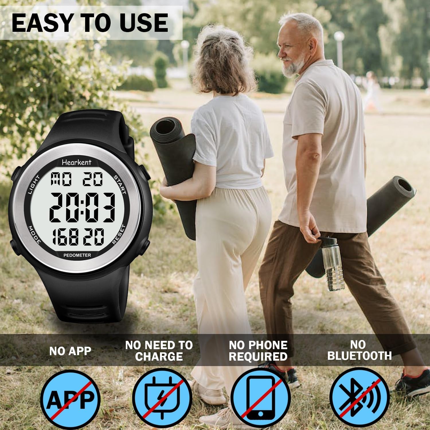 Waterproof Pedometer Watch No APP with Light, Digital Display Step Counter Watch for Calories Seconds Alarm Steps, Fitness Tracker Watch for Men Women